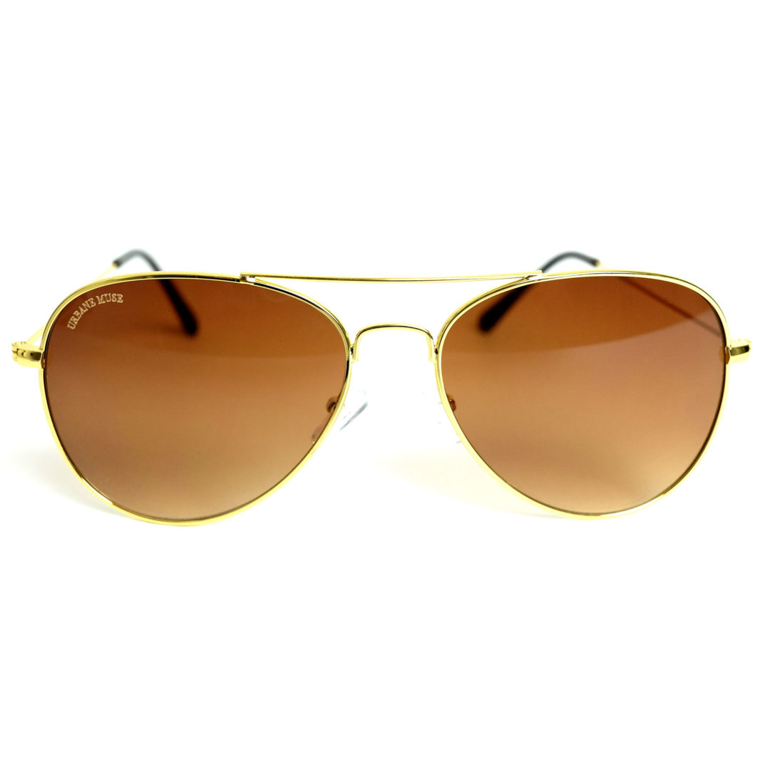 Round Aviator Sunglasses, Brown Lenses | Unisex Gold Metal Frame | Sustainable, Stainless Steel | 100% UV Protection 400
